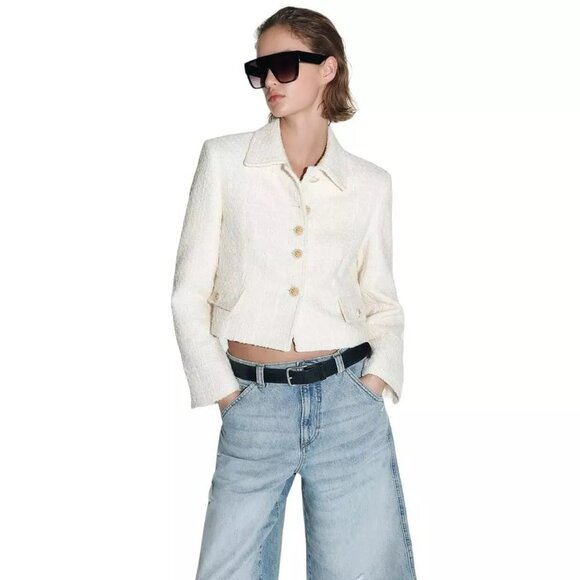 Zara Tweed Button Accent Collared Long Sleeve Cropped Blazer Jacket Ecrue Size M - Picture 1 of 7